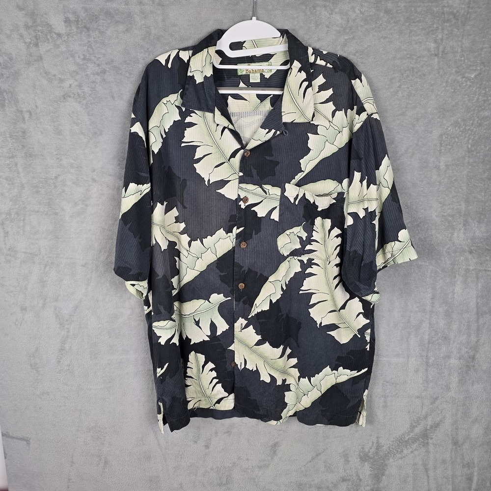 Vtg Tommy Bahama Men Large 100% Silk Tropical Palm Leaf Camp Shirt Black Green L